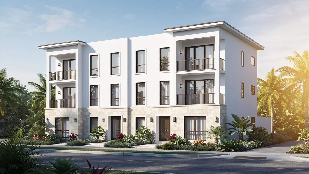 Conceptual low-rise apartment building in warm natural light