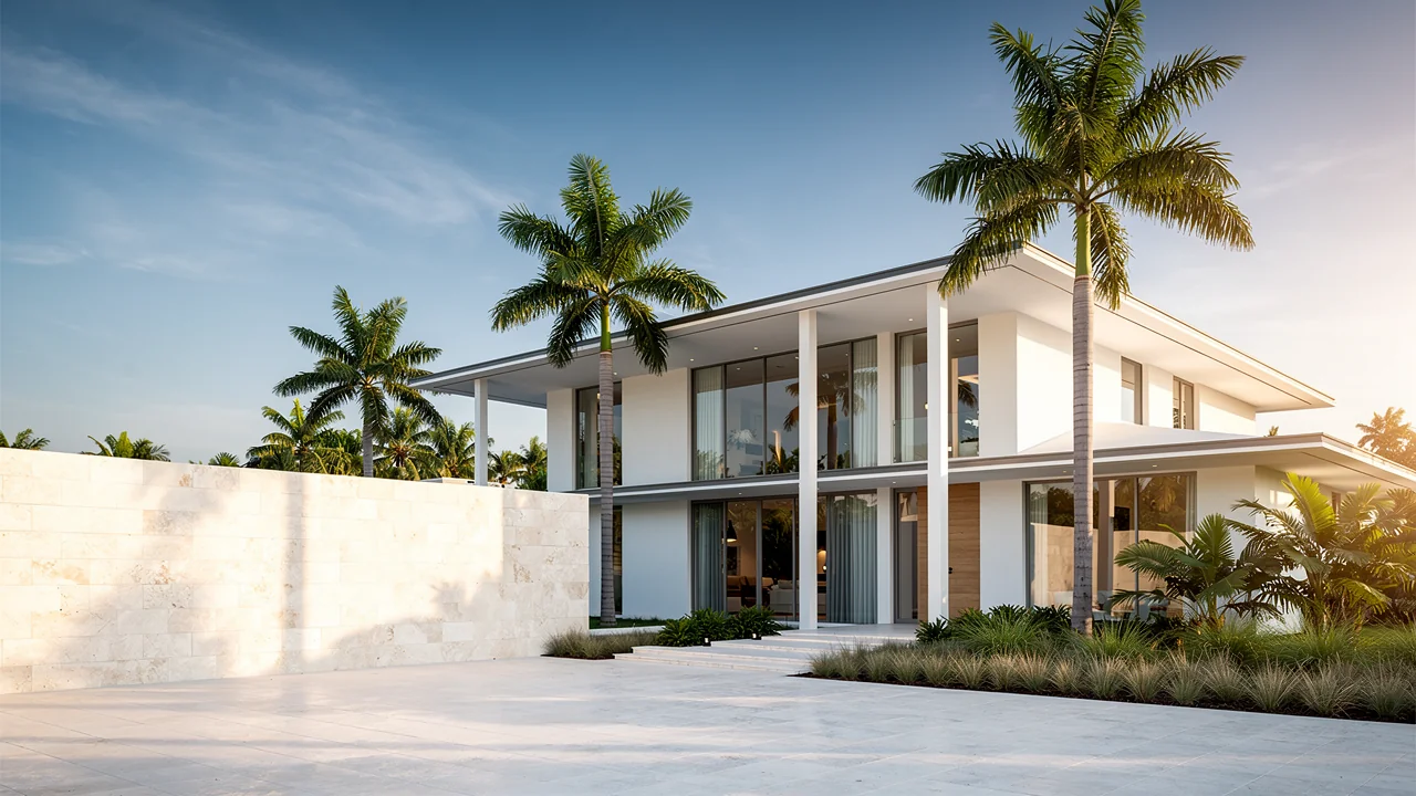 Conceptual contemporary residence with pale stone, timber and subtropical planting